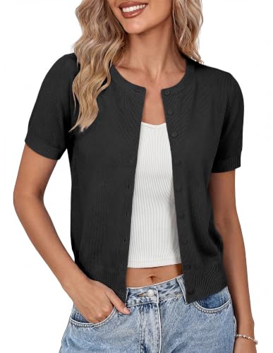Image of GRACE KARIN Women Short Sleeve Cardigan, 2026 Summer Knitted Sweater Tops, Basic Crew Neck Crop Outfits