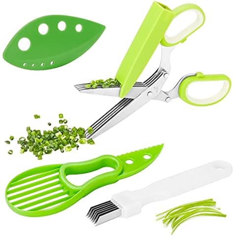 Herb Scissors Set, X-Chef Multipurpose 5 Blade Kitchen Herb Shears Herb Cutter with Safety Cover and Cleaning Comb for Chopping Basil Chive Parsley (Green) Cover