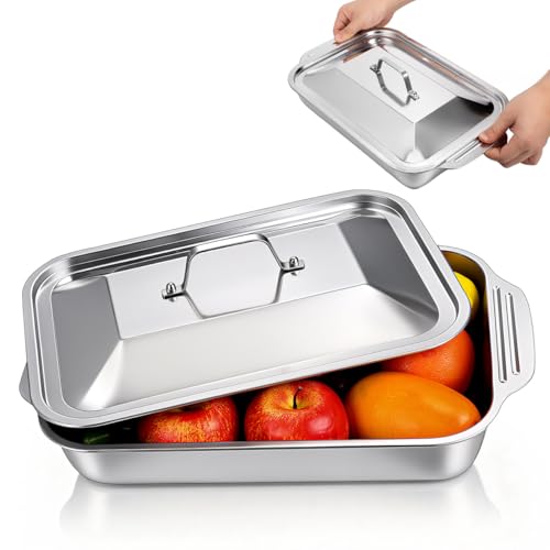 NOLITOY Plat Rectangulaire Inoxydable Avec Couvercle 40X24.50X11.50Cm Pour Poisson Grillé Poêle Profonde Anti-Débordement Pour Four Et Barbecue Plateau À...