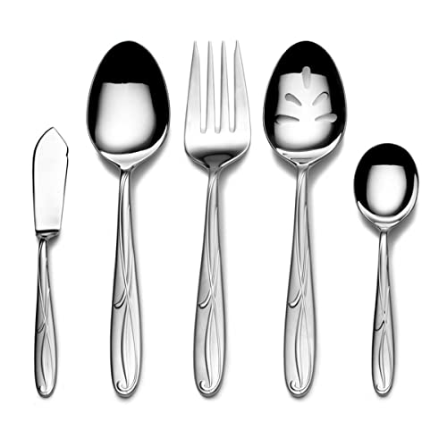 Mikasa 5061639 Cocoa Blossom 65-Piece 18/10 Stainless Steel Flatware Set With Hostess Serving Utensil Set, Service For 12,Silver #TOP1