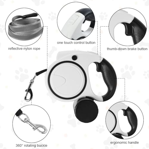Aomig Rollleine Hunde Hundeleine für Kleine Große Hunde Ausziehbar mit Lampe, Reflektorstreifen, Anti-Rutsch-Griff, Schnellbremskno Einziehbar Dog Leash Training Spaziergänge Gurt Hunde (Weiß-5m-30kg)