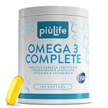 Omega 3 IFOS 5 Stelle Certificato Con Vitamina D3 2000 UI PiùLife 120 Softgel 2000mg EPA, 1000mg DHA Dose, Olio di Pesce Omega 3 Capsule Fish Oil, Trigliceridi, Cuore, Vista, Ossa, Cervello