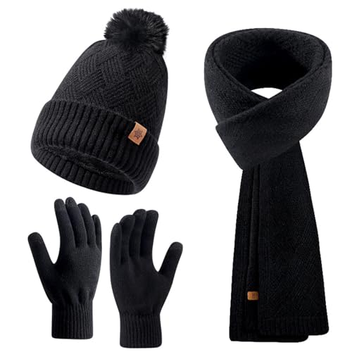 Enwokran Conjunto Bufanda y Gorro y Pantalla Táctil Guantes Mujer Pompón Sombreros Bufanda Larga Suave Cálidos Espesa Forro para Esquí Senderismo Conducir (Negro)