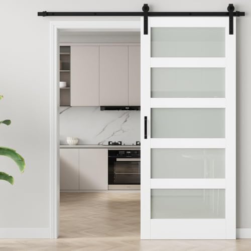 Image of 36 inchx84 inch Frosted Glass Barn Door with 6.6FT Sliding Hardware & Handle, White