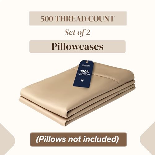 Image of Beckham Hotel Collection Pillowcases Queen Size Set of 2, Cool Touch Cotton Sateen Fabric, 500TC, Silky Smooth & Soft, Open End, Sand