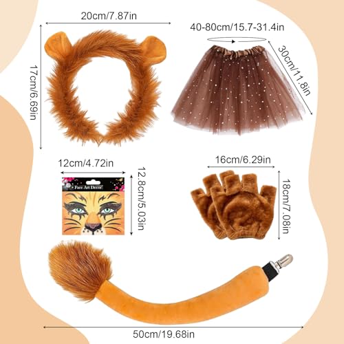 TUONYIS 5 Stück Löwe Kostüm Gesichtsbemalung Löwenohren Stirnband Handschuhe Schwanz Tutu Löwen-Set, Löwen-Set Ausgefallenes Zubehör für Tier-Cosplay Bühnenauftritt Halloween(Löwe)
