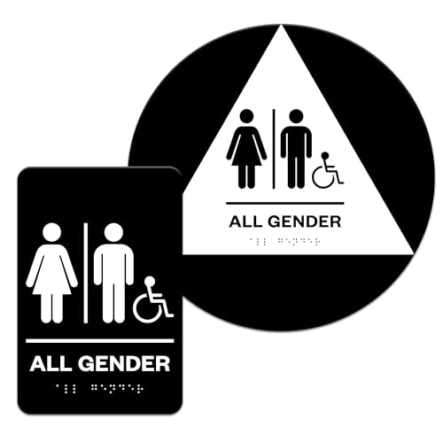 Factory Crafts | Self Stick ADA all gender Bathroom sign Restroom Sign with Handicap Symbol| ADA and CA Title 24 compliant with Braille | Black/White | Made in USA