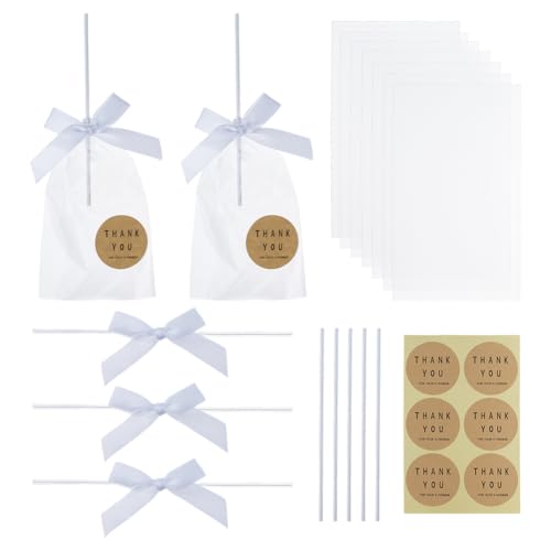 CRAFTYMELODY Juego de 120 bolsas transparentes de Rice Krispies con lazo blanco y pegatinas de agradecimiento, embalaje individual, juego de arroz Cakesicle