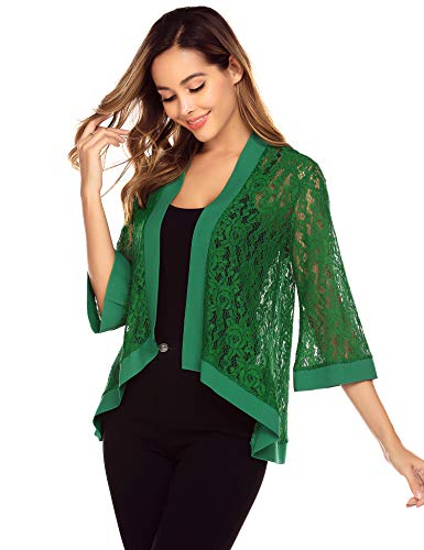 Zeagoo Women's Casual Lace Crochet Cardigan 3 4 Sleeve Sheer Cover Up Jacket Plus Size Dark Green