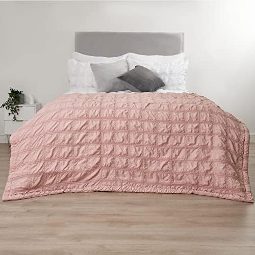 Sienna Seersucker Quilted Bedspread Blanket Throw Over Large Bed Cosy Pleated Filled Comforter, 150 x 200cm - Blush Pink