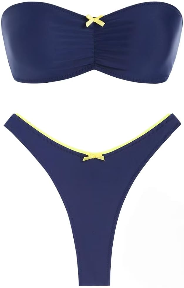 seamoly Sexy Blue Gingham Bow Decor Ruched Backless Lace Up Bandeau Bikini Set Strapless Swimsuits for Women