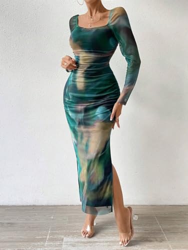 LIGHT DOT Women's Printed Off Shoulder Dress Long Sleeve Bodycon Maxi Mesh Layered Side Slit4