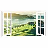 Mountain View 3D Fake Window Nature Scenery Murals Removable Landscape Wall Decals Peel and Stick Removable Wall Stickers for Bedroom Living Room