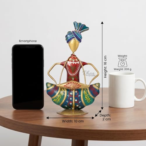Image of Rajasthani Mini Sardar Musician Showpiece with Dholak Instrument, Metallic Traditional Table Decor Item for Corporate Bulk Gifting and Office Desk Ornament (2x10x16 cm)