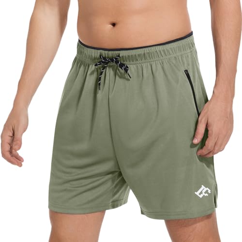 LORSPORTCH Pantalones Cortos de Gimnasio para Hombre Correr Deportivos Bolsillos con Cremallera Verde L