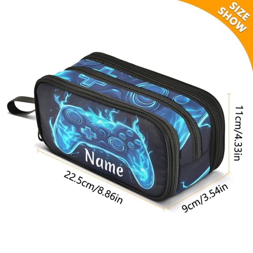 Image of Custom Joystick Gamepad Blue Flame Pencil Case Box Boys Girls Personalized Name Large Pencil Pouch Stationery Pen Bag Organizer for Kids Adults School Office