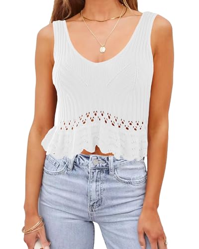 Womens Casual Sleeveless Ruffle Hem Knit Cropped Tank Tops Summer Crochet Trendy Peplum Babydoll Vests