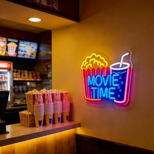 Image of Movie Time Neon Sign with Popcorn & Drink - Dimmable snacks LED Light for Home Theater & Movie Night Room Decor | Gift for Film Lovers (15x12 inch)