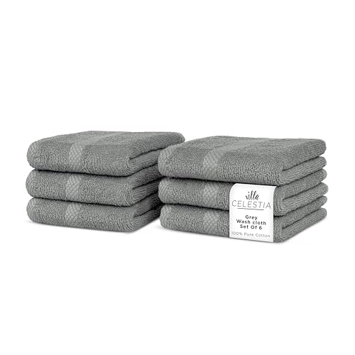 Image of Villa Celestia Cotton Washcloths Set of 6, 12x12 Inch, 100% Ring-Spun Combed Cotton, Soft Absorbent Quick-Dry Wash Cloths for Face and Body, Oeko-TEX Certified, Hotel & Spa Quality, Grey