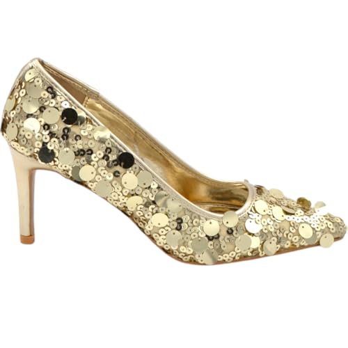  Decollete\' Donna a Punta con paiettes Oro Tacco Sottile 8 cm Linea Basic Elegante Scarpe Cerimonie Eventi (39 EU)