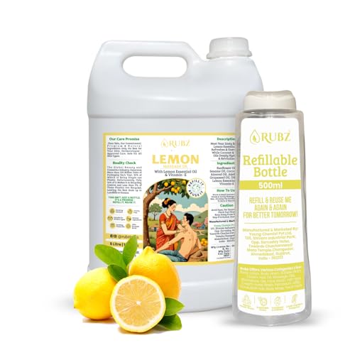 Image of Rubz Pure Lemon Massage Oil Infused With Natural Lemon Extract | Hydrating & Aromatic For Soothing Relaxation | Aromatherapy & Full Body Spa | 5 Litre With 500 ml Refillable Bottle
