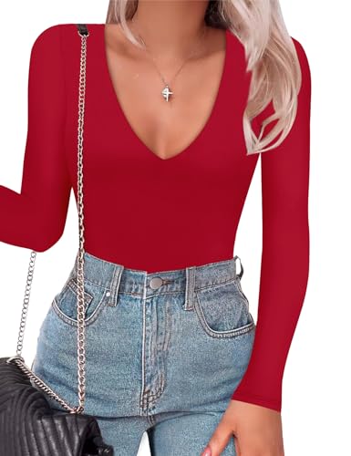 SAUNGKUAI Women's Plunge Deep V Neck Long Sleeve Bodysuit Double Lined Thong Body Suit Shirt Tops