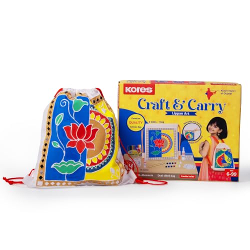 Image of Kores Craft & Carry Lippan Art Kit for Kids | DIY Indian Art Canvas Bag Painting Kit | Dual-Sided Drawstring Bag | Acrylic Colours, Sketch Pens, 3D Liner, Beads, Fabric Glue & Manual | Age 6-99