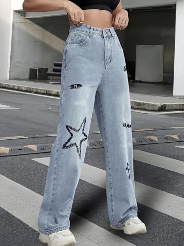 Baggy Jeans for Women Teen Girls High Waist Straight Leg Stretch Y2K Denim Pants Loose Fit Letter Print Cute Boyfriend Jeans4