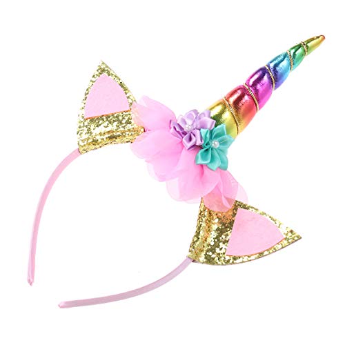 Tiara de unicórnio para crianças com orelhas de coelho com glitter feito à mão com flor de pano para