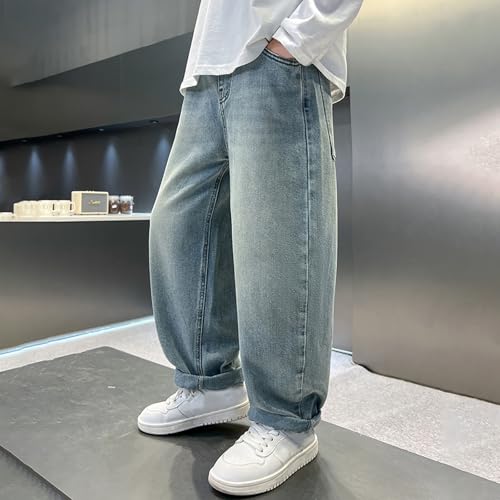 Boy's Baggy Jeans Y2K Wide Leg Straight Denim Pants Kids Casual Elastic Waist Loose Trousers Pockets Streetwear 4-14T4