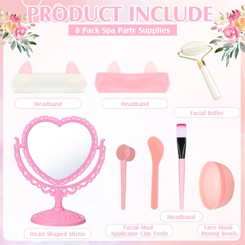 8 Set Spa Party Supplies 8 Heart Shaped Mirrors 8 Jade Roller 8 Face Mask Mixing Bowl 8 Headband for Sleepover Birthday Party Favors - Image 3