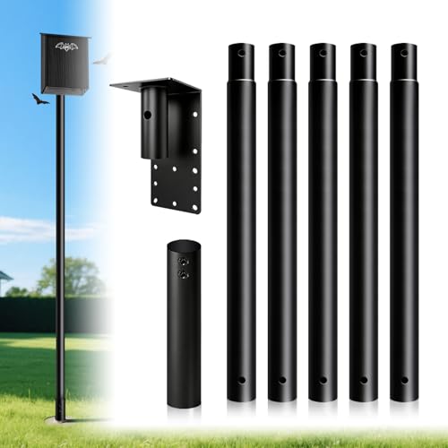 Diiscu 15ft Purple Martin House Pole with Ground Socket 1.9in Diameter Bat House Pole Heavy-Duty Galvanized Steel Durable & Easy to Install Including Bird House Installation Bracket Black