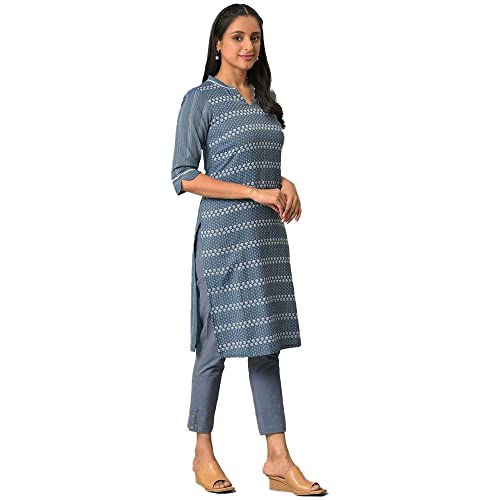 Image of Aurelia Women's Cotton Straight Fit Straight Solid Regular Floral Printed Kurta