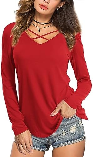 Amoretu Women V-Neck Shirts Basic Long Sleeve Criss Cross Tops Tee Blouse