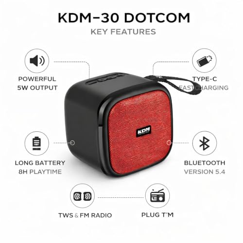 Image of KDM 30 DotCom Portable Bluetooth Speaker, 5W Clear Sound, 8H Playtime, TWS Pairing, FM Radio, Hanging Strap, USB /TF, Type-C Charging, Compact Design,Red