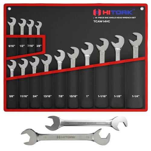 HITORK Angle Wrench set 14 piece SAE Sizes (3/8 to 1-1/4 inch) V Groove Chrome plated CrV Steel Mirror Finish 15 & 60 Offset with Roll Pouch - Ideal for Home Garage