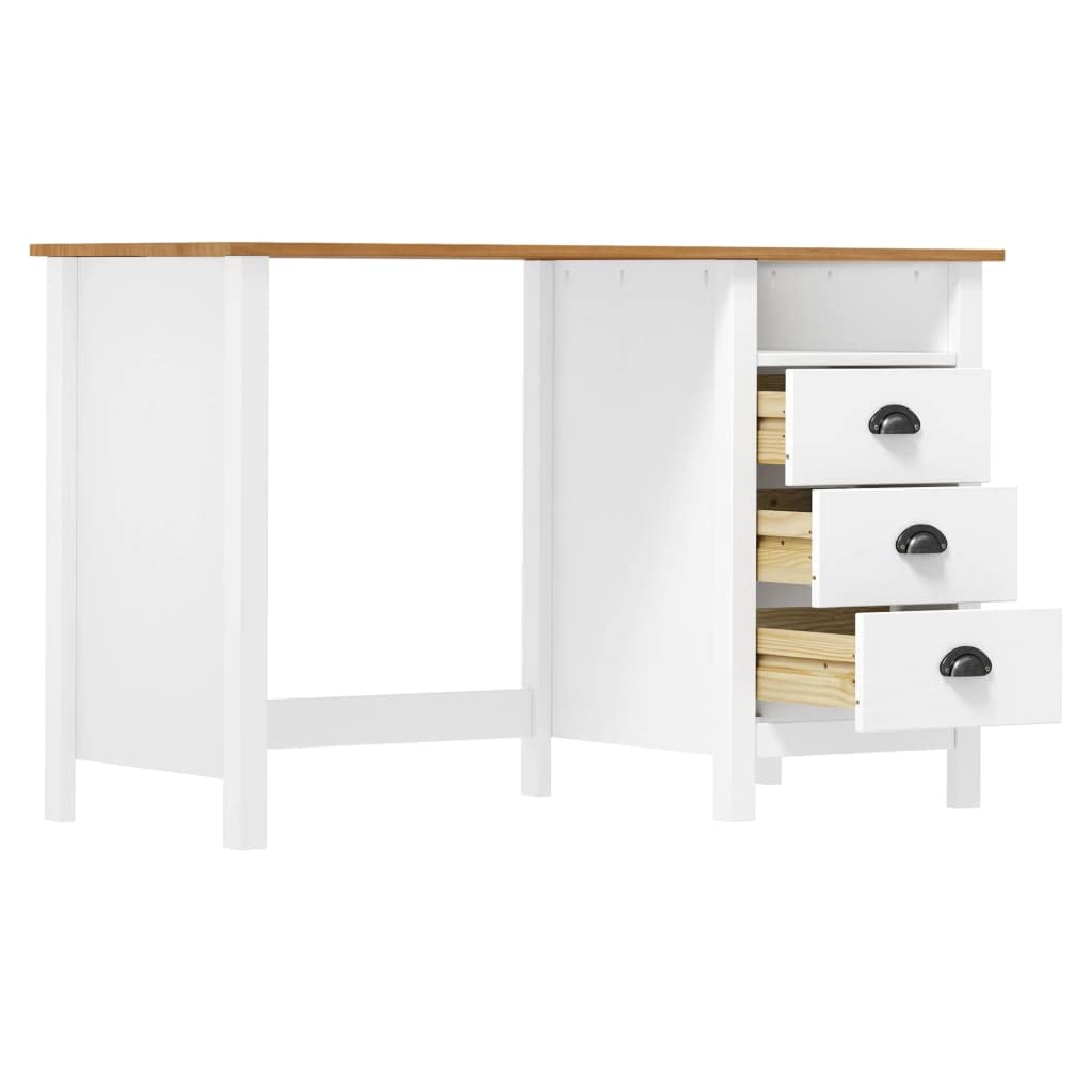 Escritorio Hill de madera maciza de pino con 3 cajones, 120 x 50 x 74 cm, estante y asas para vasos, ideal para oficina, oficina, habitación infantil y trabajo ergonómico