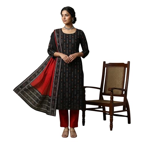 Image of Women Cotton Embroidered Unstitched Suit Set with Traditional Ikat Design