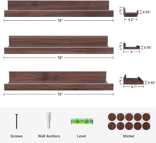 Image of Wooden Floating Wall Shelves Set of 3 for Living Room & Bedroom | Modern Wall Mounted Display Rack for Decor, Photo Frames, Plants & Storage (Walnut, 16 Inch)