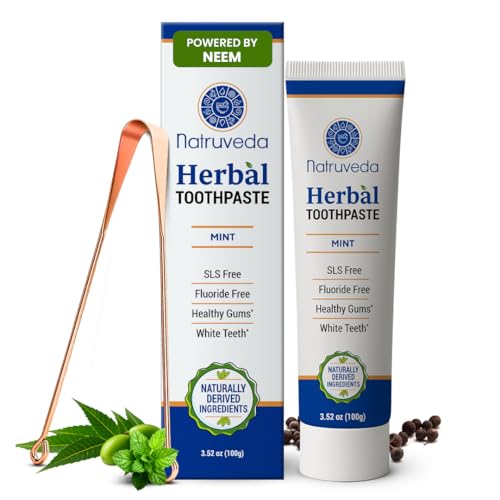 Image of Natruveda Neem Herbal Toothpaste with Complimentary Copper Tongue Scraper | Fluoride Free, SLS Free, Natural Toothpaste for Adults | Ayurvedic Oral Care with Mint & 8 Herbal Ingredients | 3.52 oz