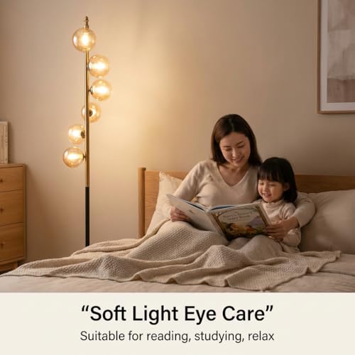 Image of Floor Lamp 3-Color CCT (Warm + Natural + Cold White) | 5-Globe Amber Glass Metal Stand | Marble Base | Living Room Bedroom