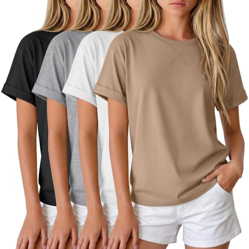 Oakgarden 4 Pack Girls' Short Sleeve Summer T-Shirts Kids Tees Loose Casual Crew Neck Dropped Shoulders Tops 5-14 Years(11-12 Years,Khaki, White, Light Mixed Gray, Black)
