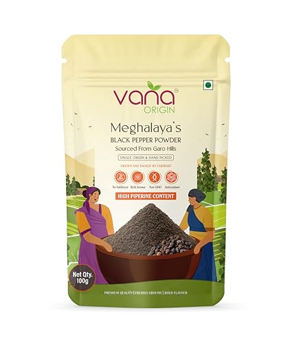 Vana Origin Meghalaya Black Pepper Powder 100g | Kali Mirch Powder | 6.8% Piperine Content | Single Origin | 100% Pure and Bold Flavour | Chemical-Free |