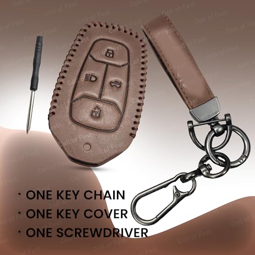 Image of Soft Handmade Leather Key Cover Compatible with Tata Nexon, Harrier | Safari | Altroz | Tigor | Ev | Punch | Tiago Ev Electric 4 Button Smart Key Protection with Keychain (Brown)