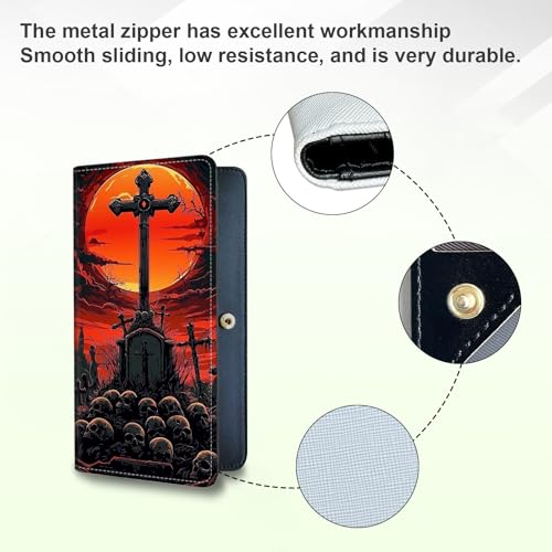 Long Women Wallet, Ultra Slim Thin Wallet for Women, RFID Blocking PU Leather Credit Card Holder, Multi-Card Slots Business Travel Bifold Clutch, Crossed Skulls4