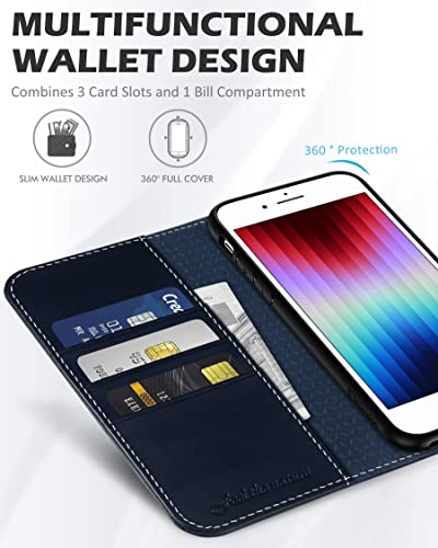 Shieldon Wallet Case For Iphone Se 2022 4.7", Genuine Leather Iphone Se 2020 Folio Case Kickstand Credit Card Holder Magnetic Protection Case Compatible With Iphone 8/7 - Retro Dark Blue #TOP2