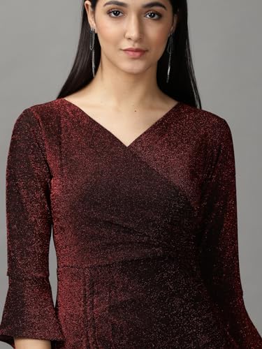 Image of SHOWOFFFF Women Self Design Wrap Casual Dress | V Neck Full Sleeves Lycra Dress for Womens | Knee Length Dress for Women's