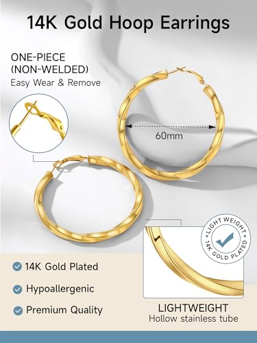 Image of Stainless Steel Chunky Hoop Earrings For Women, Minimalist and Chic, Black /Gold Plated, Round Hoops Earrings Hypoallergenic, Size: 30mm /40mm /60mm /80mm, Come with Box