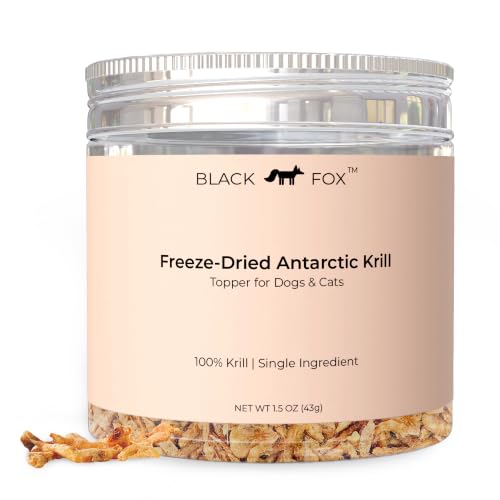 BLACK FOX Freeze-Dried Antarctic Krill Dog Treats & Cat Treats | Freeze-Dried Cat Food Topper & Dog Food Topper | 1.5oz | Single Ingredient Grain-Free Human Grade | Omega-3 Astaxanthin | Joint Care