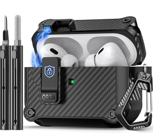 Image of Pohgelan Compatible with AirPods Pro 2nd /1st Case (Black) | Carbon Fiber Texture,Magnetic Automatic Lock with Cleaning Kit,Compatible with Magsafe